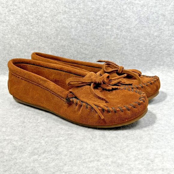 Minnetonka Kilty Hardsole Moccasin Women's 7.5 Brown Suede Boho Chic Western - Picture 1 of 13